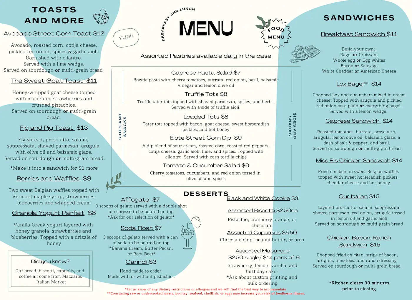 Food menu at Pour and Decor cafe St Pete Florida